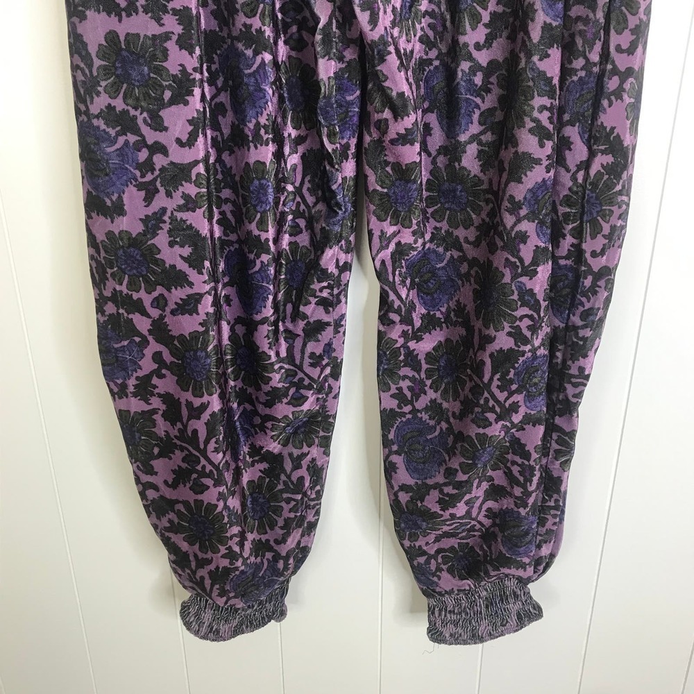 Free People One Marla Purple Floral Velvet Ruched Waist Jogger Pants SZ M - Picture 6 of 15